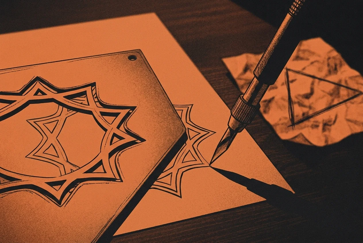 A precision-cut metal stencil tracing an exact geometric shape, next to a crumpled, discarded freehand sketch.