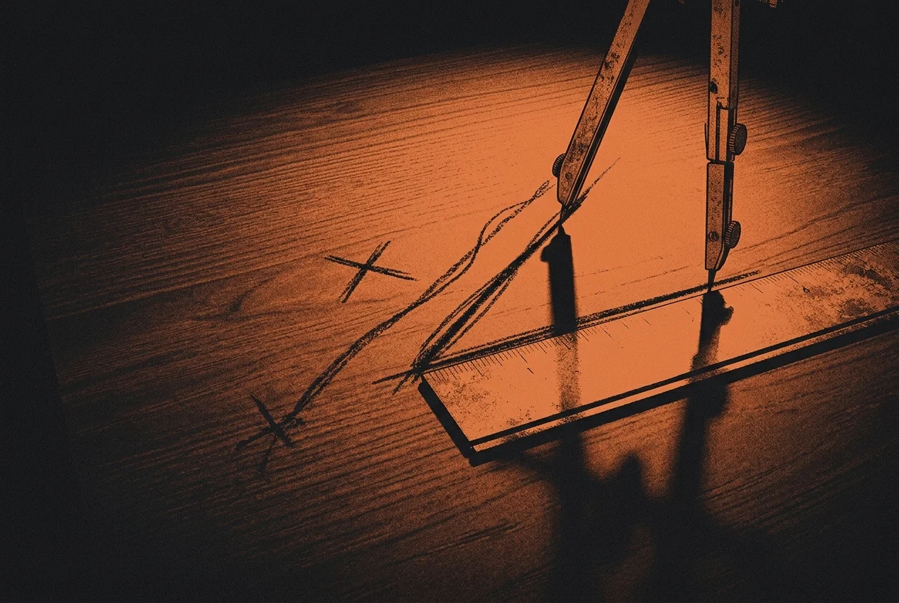 A compass and a ruler checking a hand-drawn line; the first attempts sit crossed out with rejection marks.